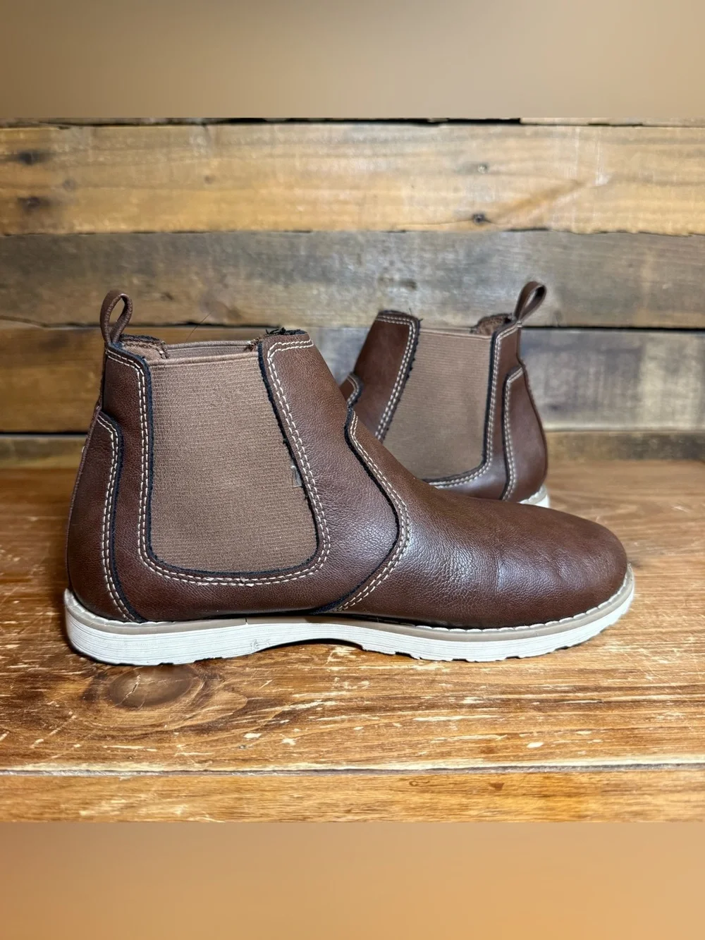 Old Navy Chelsea Boots Kids Size 3 Brown Faux Leather Pull On Ankle Casual